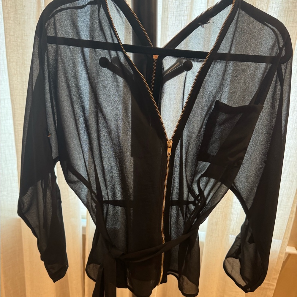 Elegant Sheer Black Blouse with Zip